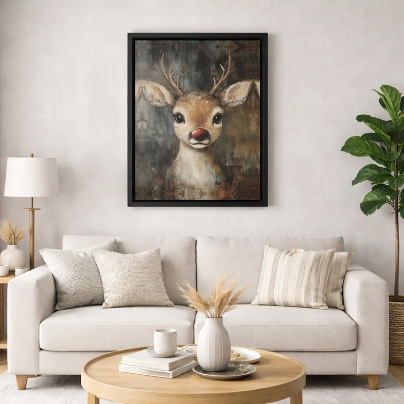 Whimsical Holiday Animal Canvas Print, Red Nosed Reindeer Canvas Wall Art, Christmas Reindeer Wall Decor, Festive Winter Home Art Present