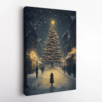 Snowy Night Illuminated Tree Wall Art, Christmas Village Canvas Print, Winter Holiday Canvas Art, Festive Xmas Canvas Decor, Christmas Present