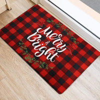 Buffalo Plaid Welcome Mat, Merry and Bright Wreath Christmas Doormat, Holiday Front Door Mat, Winter Porch Entry Rug, Xmas Home Decor