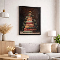 Stacked Books Holiday Poster, Bookish Christmas Tree Canvas Print, Oil Painting Bookworm Wall Art, Printable Digital Download