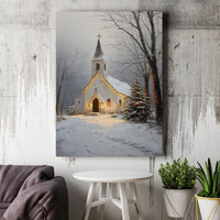 Snowy Christmas Chapel Canvas Print, Winter Church Canvas Wall Art, Glowing Winter Chapel Wall Art, Christmas Church Digital Download