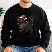Adorable Kitten Holiday Lights Crewneck, Black Cat Christmas Sweatshirt, Humorous Cat Lover Xmas Pullover, Winter Holiday Spooky Cat Sweater