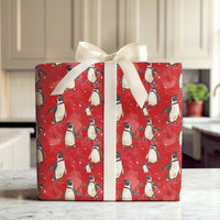 Red Winter Hat Holiday Gift Wrap, Adorable Penguin Christmas Wrapping Paper, Cartoon Penguin Wrapping Paper, Festive Snowflake Gift Wrap Roll