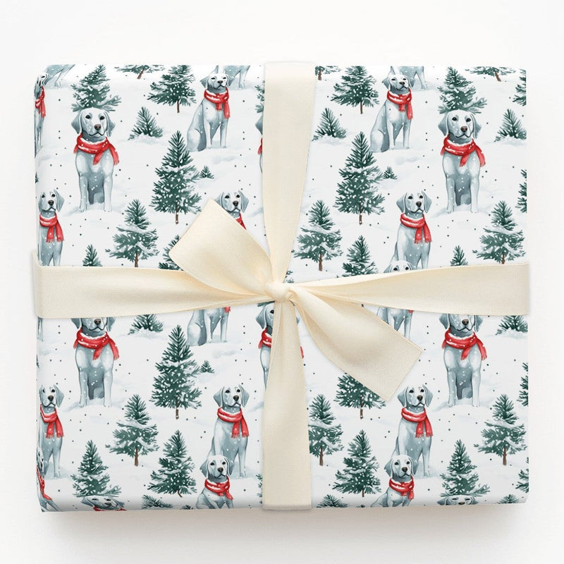 Snowy Pine Dog Wrapping Paper, White Labrador Christmas Wrapping Paper, Winter Holiday Puppy Wrapping Paper