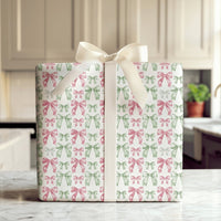 Pink and Sage Green Holiday Gift Wrap, Watercolor Bow Wrapping Paper, Adorable Coquette Christmas Wrapping Paper, Pastel Xmas Gift Wrap Roll
