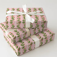 Watercolor Holly Berry Gift Wrap, Pink Christmas Wrapping Paper, Pink Striped Holiday Present Paper, Festive Vine Christmas Wrapping Paper