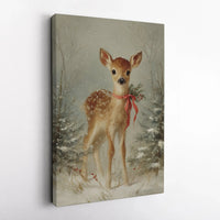 Snowy Forest Deer Canvas Print, Vintage Christmas Fawn Canvas Wall Art, Winter Holiday Wall Decor, Woodland Animal Art Canvas, Festive Present