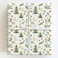 Pinecone Holiday Gift Wrap, Watercolor Christmas Tree Wrapping Paper, Gold Ornament Gift Wrap Roll, Botanical Xmas Present Paper