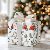 Retro Camper Van Gift Wrap, Vintage Red Camper Wrapping Paper, Christmas Camper Holiday Paper Roll, Winter Greenery Gift Wrapping Paper