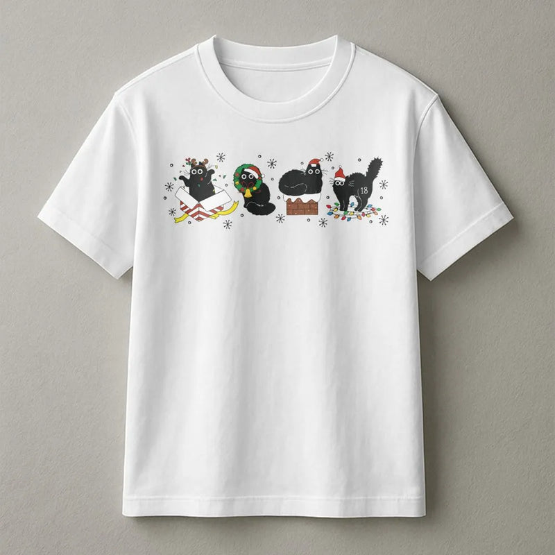 Humorous Kitty Holiday Pet Graphic Tee, Black Cat Santa Christmas T-Shirt, Adorable Spooky Xmas Cat Lover Shirt, Festive Animal Top