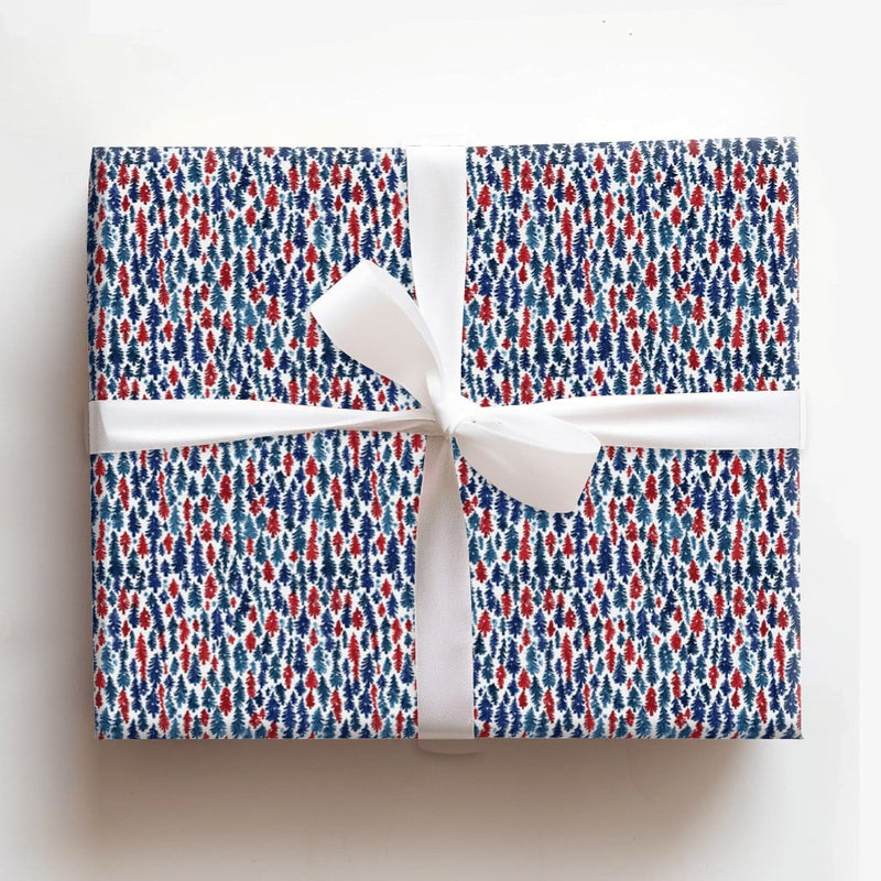 Red and Blue Forest Gift Wrap, Watercolor Pine Tree Wrapping Paper, Winter Holiday Tree Wrapping Paper Roll, Rustic Christmas Present Wrap