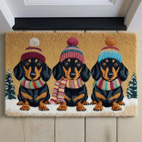 Three Dogs in Hats and Scarves Welcome Mat, Winter Dachshund Trio Doormat, Christmas Wiener Dog Floor Mat, Non-Slip Holiday Entry Mat Decor