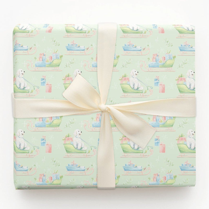 Adorable Puppy Christmas Gift Wrap, Watercolor Dog Sleigh Wrapping Paper, Mint Holiday Dog Wrapping Paper, Winter Pet Lover Present Packaging Roll