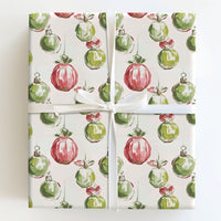 Red and Green Holiday Gift Wrap, Watercolor Christmas Ornament Wrapping Paper, Painted Bauble Wrapping Paper
