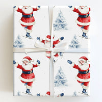 Christmas Winter Gift Wrap, Ice Skating Santa Wrapping Paper, Watercolor Holiday Present Wrapping Paper, Adorable Santa Claus Winter Gift Wrap