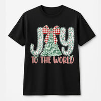 Red Gingham Christmas Tree Shirt, Joy to the World T-Shirt, Christian Holiday Tee, Religious Xmas Graphic T-Shirt, Christmas Present for Her