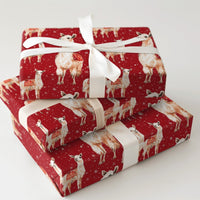 Watercolor Holiday Gift Wrap, Red Christmas Llama Wrapping Paper, Snowy Winter Present Paper, Adorable Animal Wrapping Paper