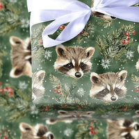Woodland Berry Gift Wrap, Raccoon Christmas Wrapping Paper, Watercolor Animal Wrapping Paper, Pine Branch Holiday Gift Wrap, Xmas Paper