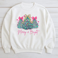 Leopard Bow Christmas Crewneck, Merry & Bright Christmas Tree Sweatshirt, Preppy Holiday Christmas Pullover, Winter Sweater, Xmas Present