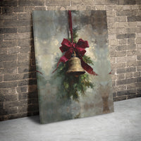 Holiday Bell Art Print, Vintage Christmas Bell Canvas Wall Art, Red Bow Pine Branch Painting, Xmas Holiday Wall Art, Digital Download