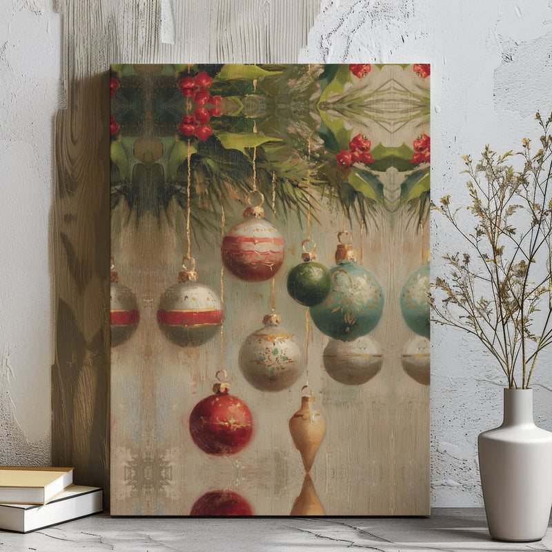 Holly Berry Oil Painting Print, Vintage Christmas Ornament Canvas Wall Art, Holiday Festive Canvas Art, Digital Download Decor