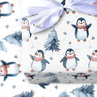 Watercolor Pine Tree Gift Wrap, Adorable Penguin Christmas Wrapping Paper, Winter Penguin Holiday Wrapping Paper, Festive Kids Gift Wrap Roll