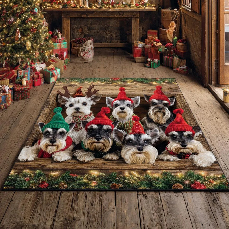 Festive Holiday Dog Floor Mat, Christmas Schnauzer Area Rug, Soft Non-Slip Puppy Carpet, Dog Lover Christmas Home Living Room Decor