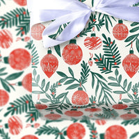 Holly and Pine Foliage Gift Wrap, Christmas Ornament Wrapping Paper, Red Berry Holiday Wrapping Paper, Classic Xmas Gift Wrap Roll