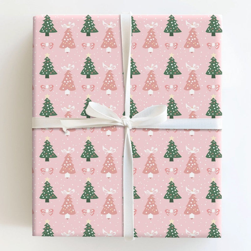 Whimsical Bow Holiday Gift Wrap, Pink Christmas Tree Wrapping Paper, Adorable Green Tree Present Paper, Modern Pastel Christmas Wrapping Paper