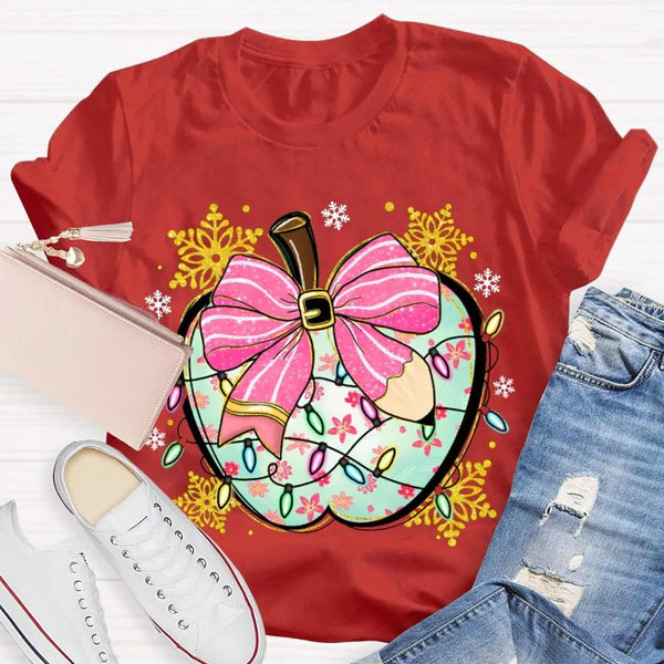 Festive Teacher Holiday Shirt, Christmas Lights Snowflakes Bow Apple T-Shirt, Adorable Coquette Winter Graphic Tee, Xmas Pres