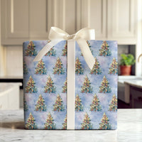 Blue Snowy Holiday Wrapping Paper, Watercolor Christmas Tree Wrapping Paper, Artistic Christmas Wrapping Paper, Seasonal Gift Wrap Roll