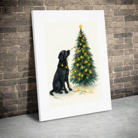 Holiday Dog Watercolor Poster, Black Labrador Christmas Tree Wall Art, Black Lab Christmas Lights Canvas, Pet Lover Digital Download Print
