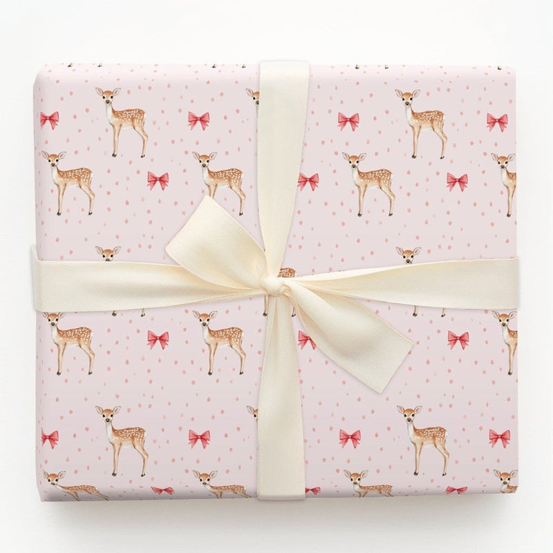 Adorable Red Bow Holiday Gift Wrap, Baby Deer Fawn Christmas Wrapping Paper, Watercolor Woodland Wrapping Paper, Baby Shower Gift Wrapping Paper