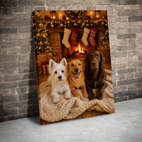 Holiday Puppy Fireplace Wall Art, Christmas Dogs by Fireplace Canvas, Comfy Dog Christmas Canvas Print, Festive Winter Dog Wall Decor