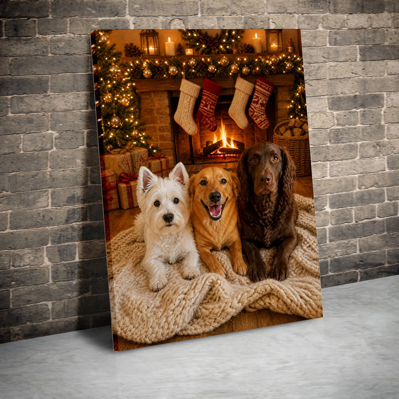 Holiday Puppy Fireplace Wall Art, Christmas Dogs by Fireplace Canvas, Comfy Dog Christmas Canvas Print, Festive Winter Dog Wall Decor