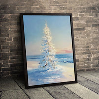 Snowy Coastal Impressionist Canvas Print, White Christmas Tree Beach Poster, Holiday Seaside Ocean Wall Art, Digital Download