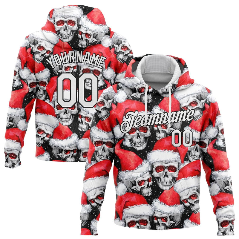Personalized Santa Hat Hoodie, Custom Christmas Skull Hoodie, Stitched Name Number Holiday Hoodie, Xmas Skull Sweatshirt Present