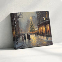 Snowy European City Wall Art, Victorian Christmas Street Scene Canvas, Festive Winter Oil Painting Print, Holiday Christmas Tree Canvas Art