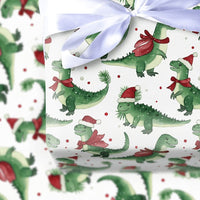 Santa Hat Dino Gift Wrap, Christmas Dinosaur Wrapping Paper, Watercolor Holiday Wrapping Paper, Festive Kids Present Wrap, Xmas Gift Wrap