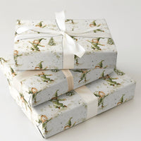 Watercolor Christmas Elves Gift Wrap, Dancing Elves Wrapping Paper, Festive Pine Tree Holiday Paper Roll, Adorable Elf Xmas Wrapping Paper