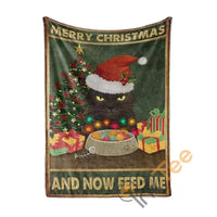 Merry Christmas Now Feed Me Blanket, Cat Christmas Throw Blanket, Humorous Holiday Kitten Fleece Bedspread, Xmas Pet Lover Couple Present