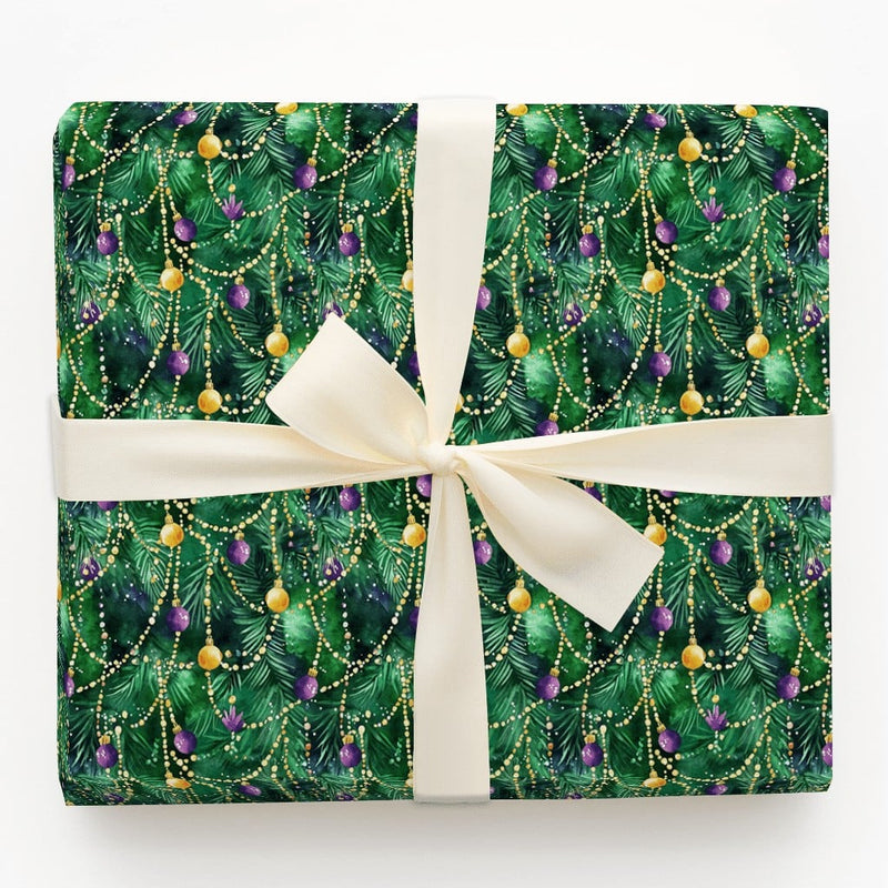 Watercolor Pine Garland Gift Wrap, Purple Gold Ornament Christmas Wrapping Paper, Royal Bauble Wrapping Paper, Elegant Holiday Gift Wrap