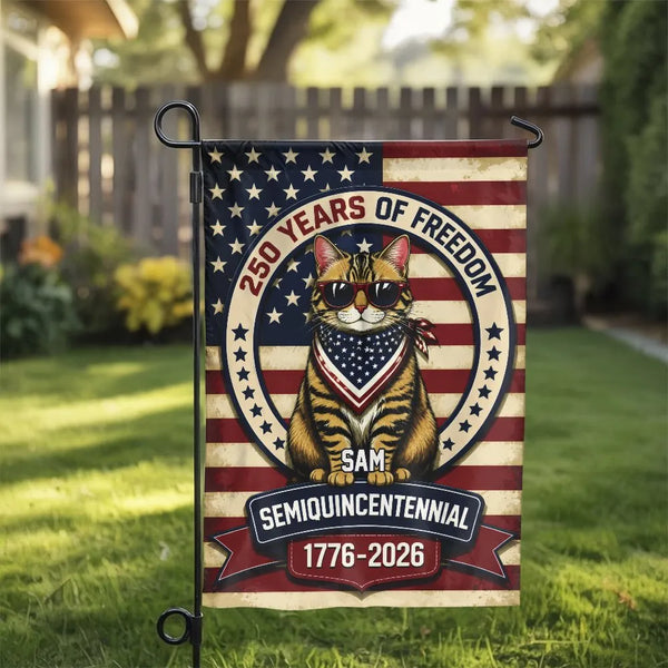 Patriotic Cat Garden Flag | 250 Years of Freedom Semiquincentennial 1776-2026 Design | Double-Sided Weather-Resistant Polyester | Gift for Cat Lovers and Americana Fans