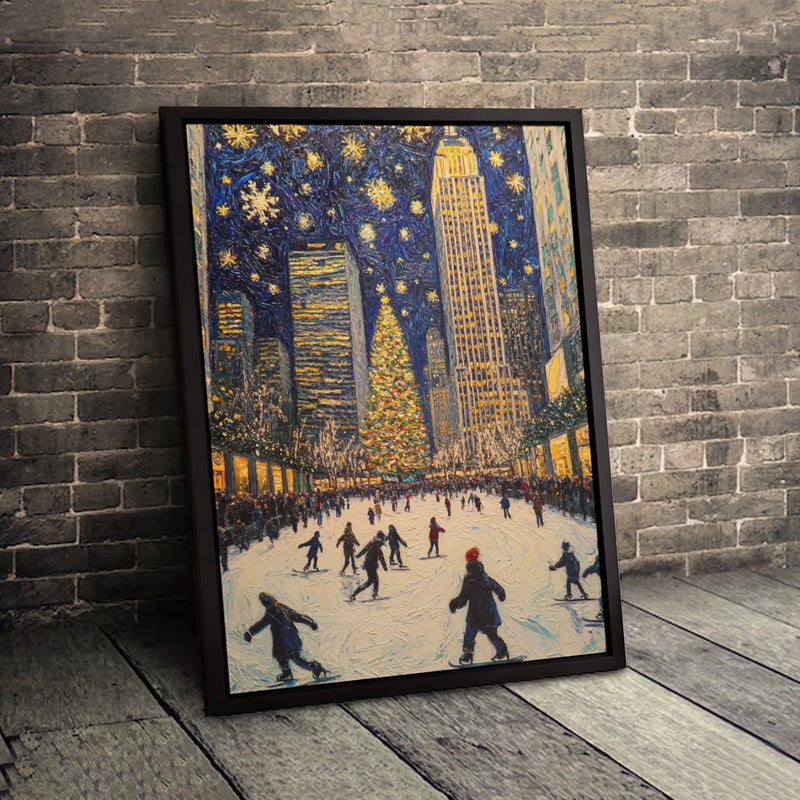 Christmas in New York Canvas Print, NYC Ice Skating Canvas Wall Art, Impressionist Winter Cityscape Canvas, Holiday Seasonal Home Decor
