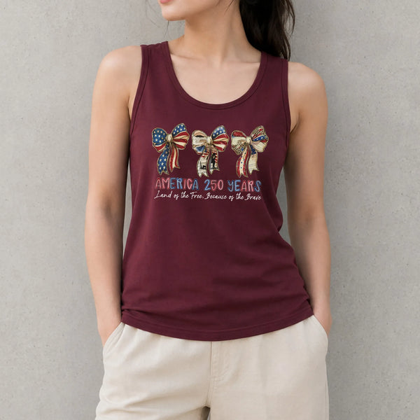 America 250 Years Patriotic Bow Tank Top | Coquette Red White Blue Bow Design | Soft Breathable Unisex Fit | 4th of July Gift for Her