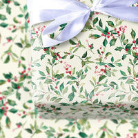 Botanical Winter Leaves Gift Wrap Paper, Watercolor Holly Berry Christmas Wrapping Paper, Traditional Holiday Present Wrap Paper