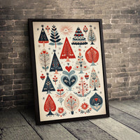 Nordic Tree Wall Art Canvas, Scandinavian Folk Art Christmas Canvas, Winter Holiday Wall Decor, Modern Festive Canvas Print