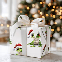 Santa Hat Lizard Gift Wrap Roll, Green Gecko Christmas Wrapping Paper, Adorable Reptile Holiday Wrapping Paper, Animal Lover Xmas Gift Wrap