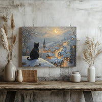 Winter Night Holiday Canvas Art, Black Cat Snowy Christmas Village Canvas, Festive Christmas Cat Canvas Print, Comfy Winter Scene Wall Decor