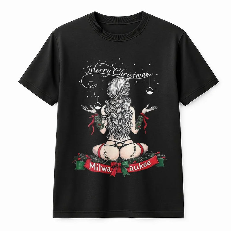 Cheeky Christmas Girl Shirt, Merry Christmas Milwaukee Shirt, Retro Pinup Holiday Tee, Humorous Wisconsin Graphic T-Shirt, Christmas Present